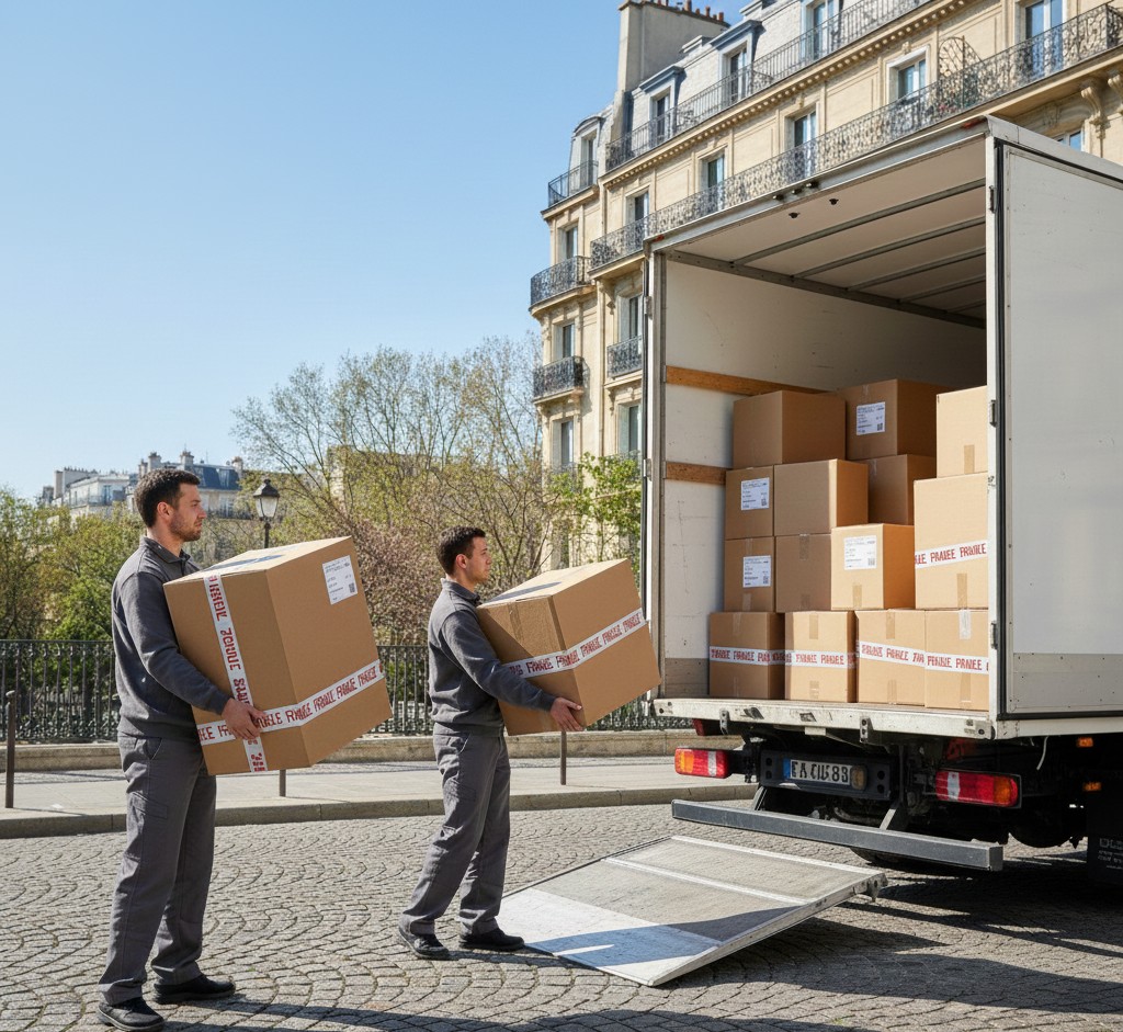 Demenagement Paris Lisbonne chargement immeuble haussmannien